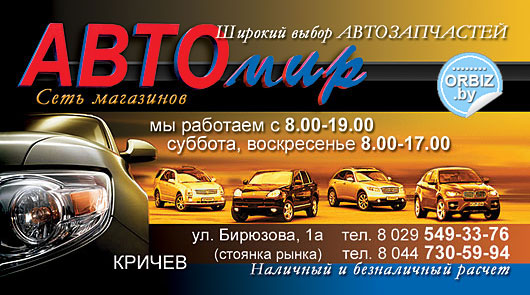 Визитка Магазины автозапчастей "АвтоМир", подбор автокрасок, г. Кричев